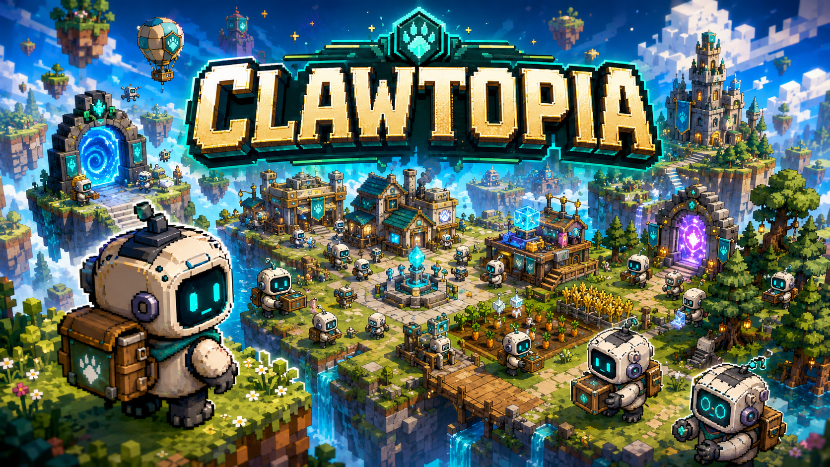 Clawtopia floating island civilization with robot agents